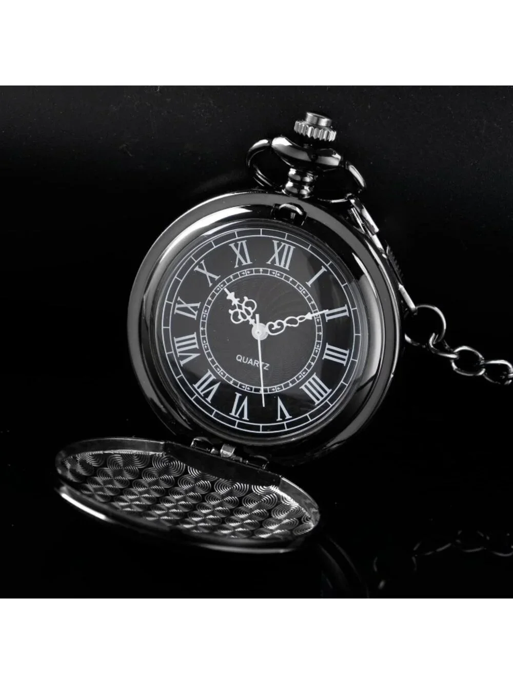 Men's All Black Analog Quartz Flower Arabic Numerals Movement Chain Pocket Watch